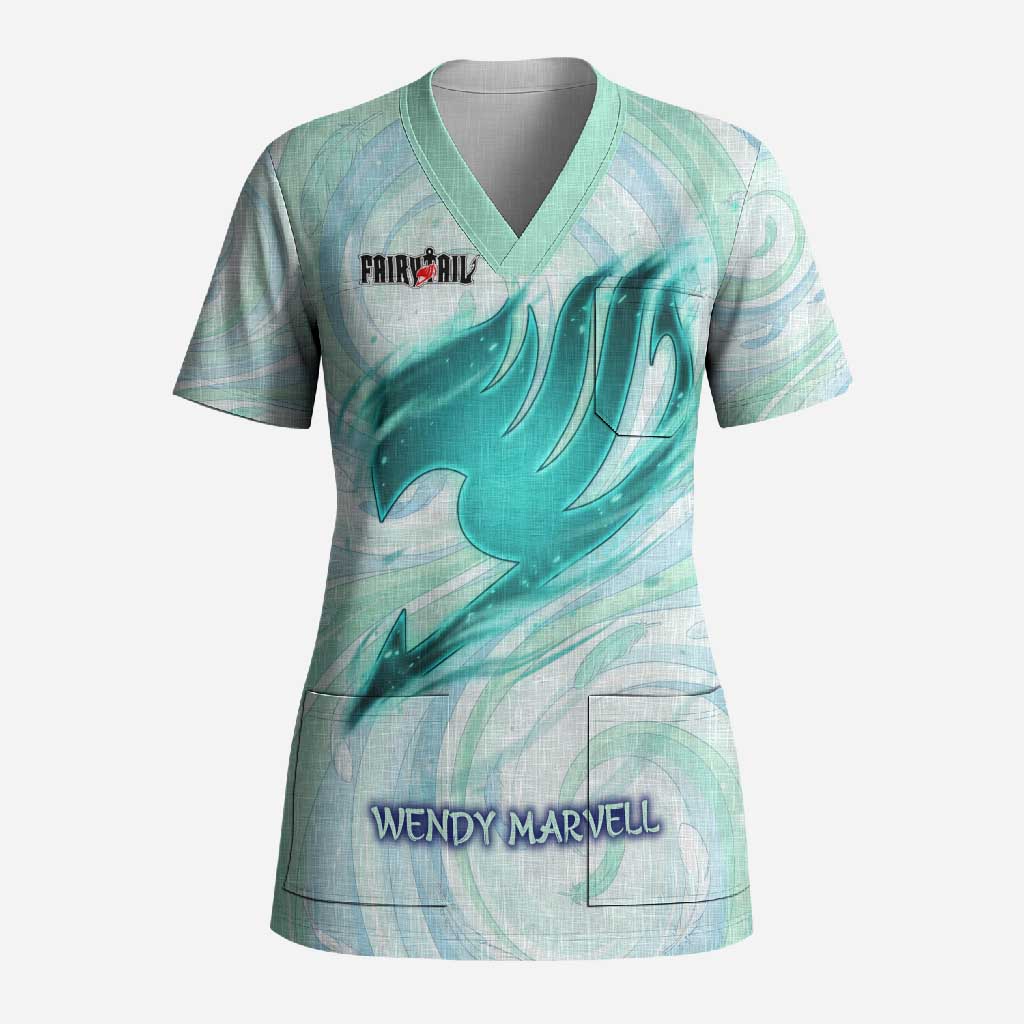 Wendy Marvell Fairy Tail Scrub Top Sky Dragon Anime Style with Pastel Wind and Wing Motif