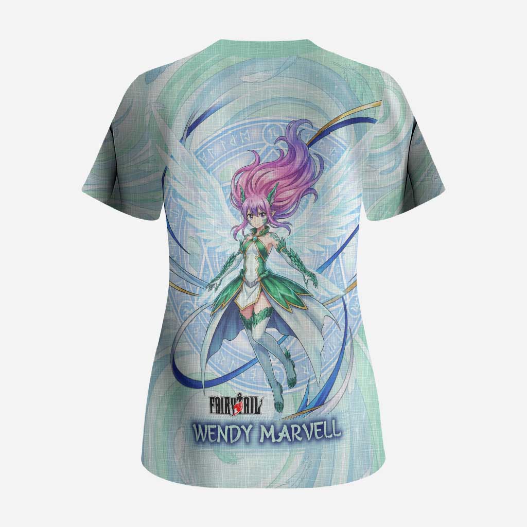Wendy Marvell Fairy Tail Scrub Top Sky Dragon Anime Style with Pastel Wind and Wing Motif