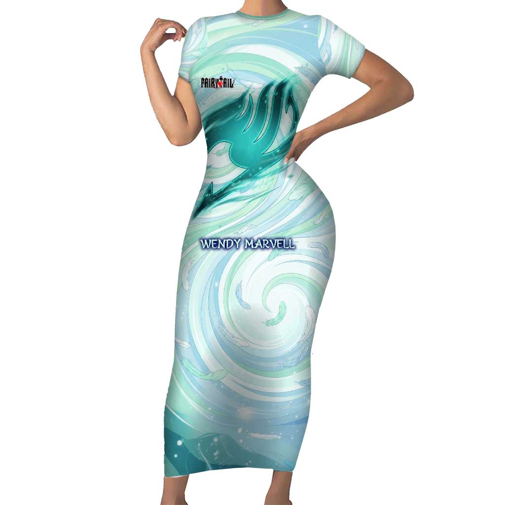 Wendy Marvell Fairy Tail Short Sleeve Bodycon Dress Sky Dragon Anime Style with Pastel Wind and Wing Motif