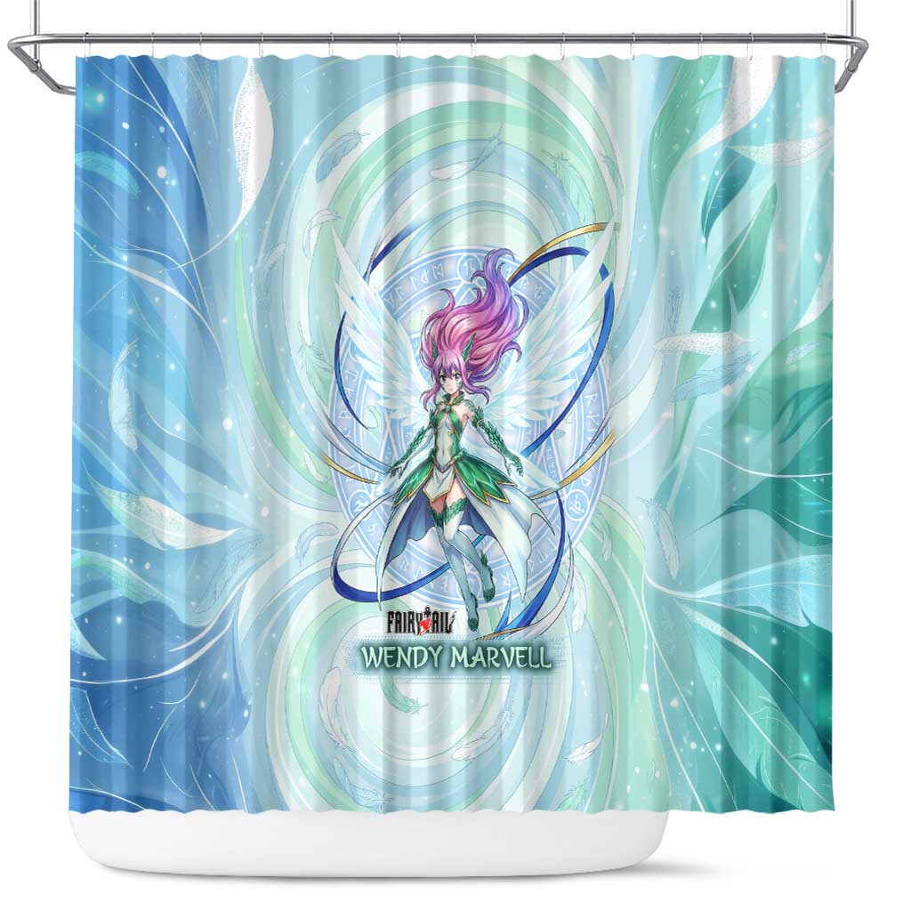 Wendy Marvell Fairy Tail Shower Curtain Sky Dragon Anime Style with Pastel Wind and Wing Motif