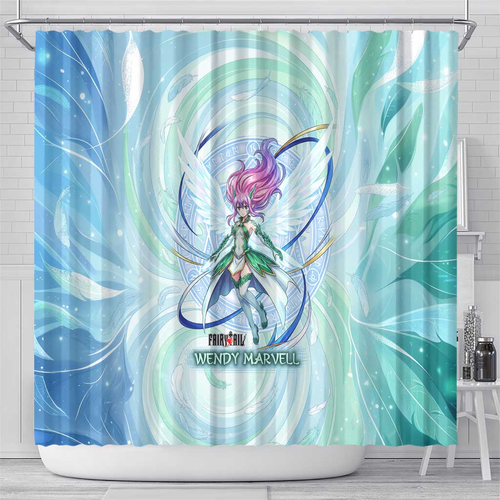 Wendy Marvell Fairy Tail Shower Curtain Sky Dragon Anime Style with Pastel Wind and Wing Motif