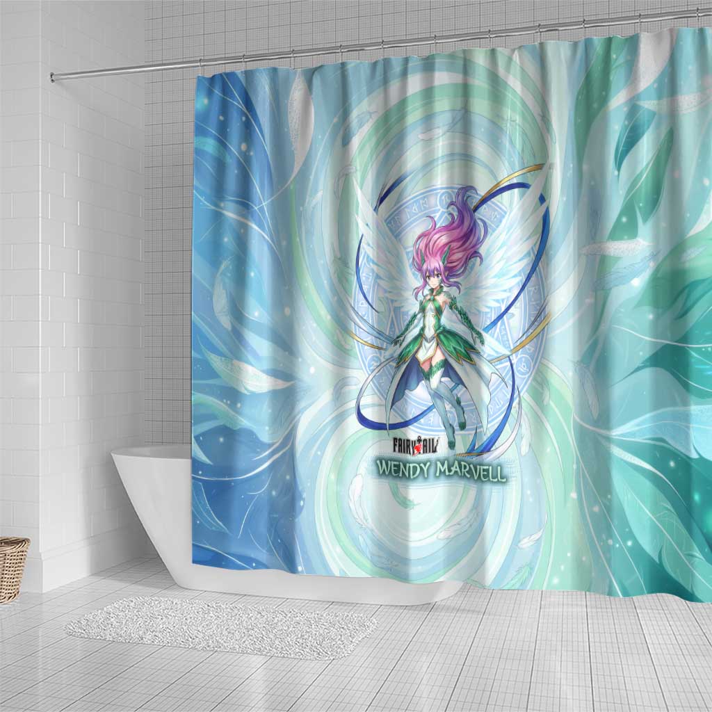 Wendy Marvell Fairy Tail Shower Curtain Sky Dragon Anime Style with Pastel Wind and Wing Motif