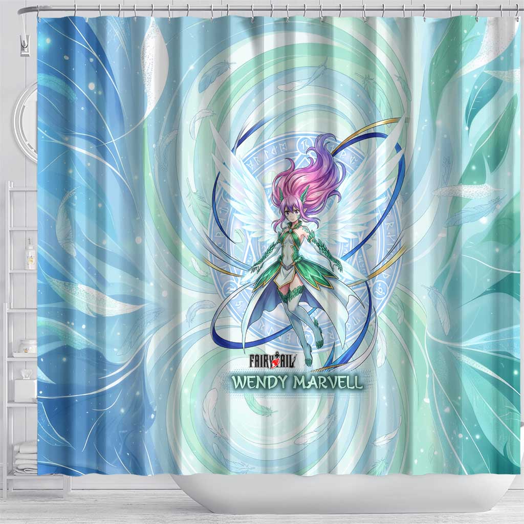 Wendy Marvell Fairy Tail Shower Curtain Sky Dragon Anime Style with Pastel Wind and Wing Motif