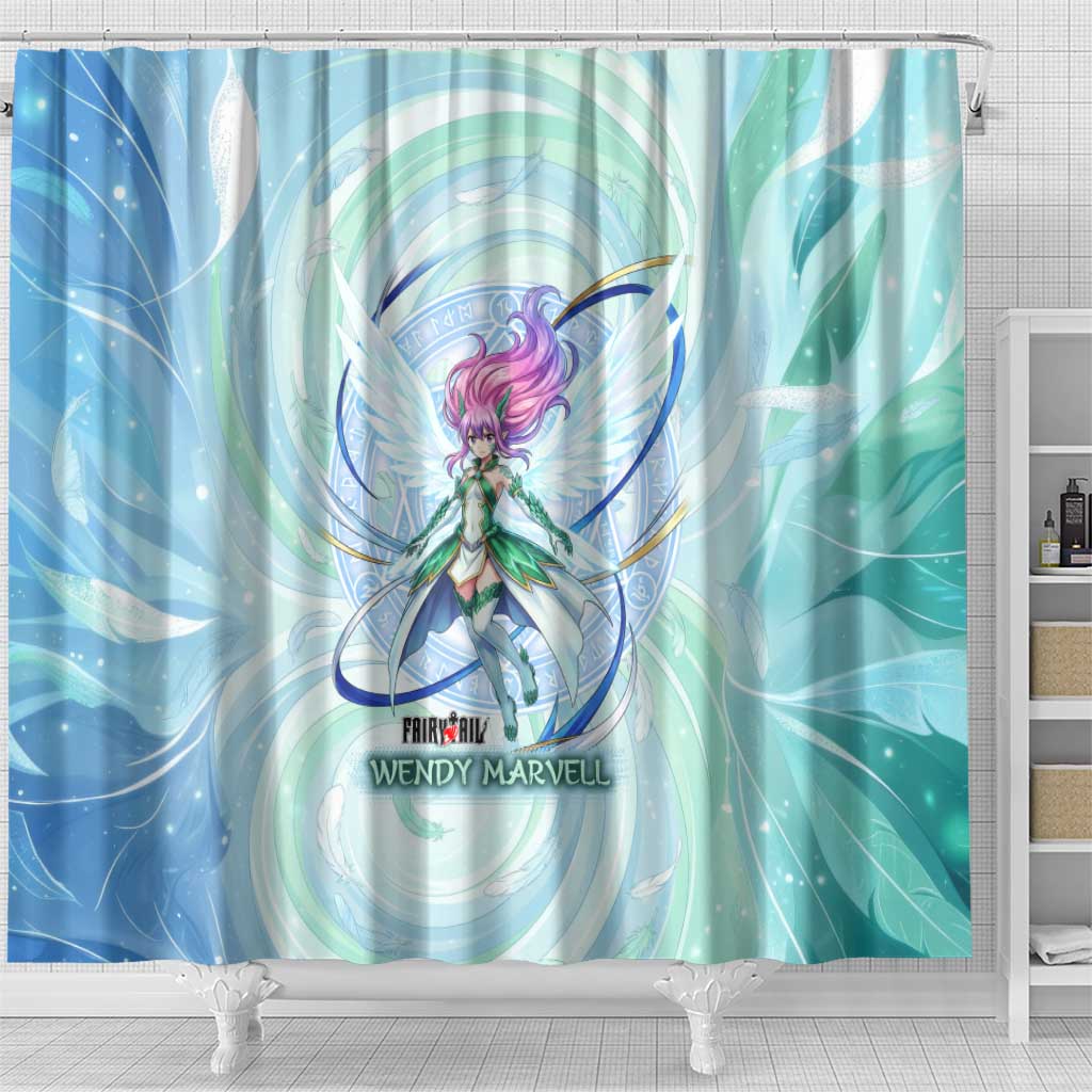 Wendy Marvell Fairy Tail Shower Curtain Sky Dragon Anime Style with Pastel Wind and Wing Motif
