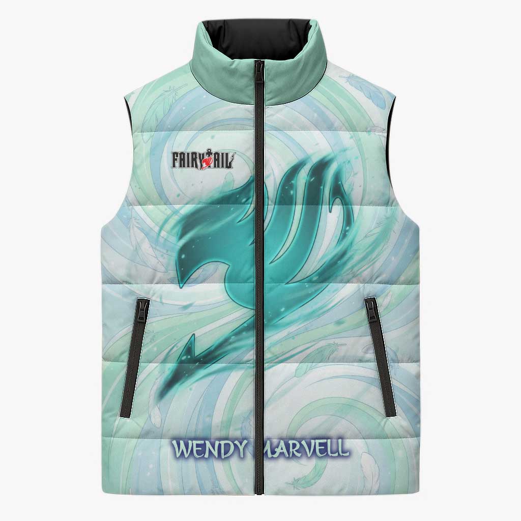 Wendy Marvell Fairy Tail Sleeveless Puffer Jacket Sky Dragon Anime Style with Pastel Wind and Wing Motif