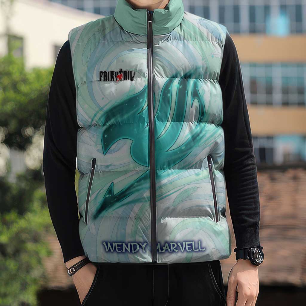 Wendy Marvell Fairy Tail Sleeveless Puffer Jacket Sky Dragon Anime Style with Pastel Wind and Wing Motif