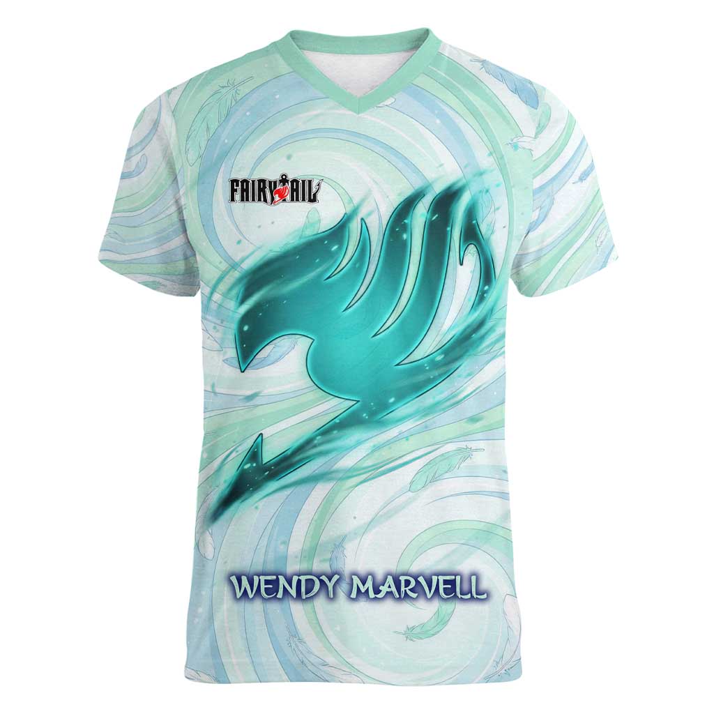 Wendy Marvell Fairy Tail Women V-Neck T-Shirt Sky Dragon Anime Style with Pastel Wind and Wing Motif
