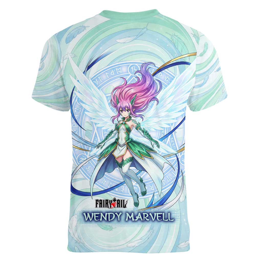 Wendy Marvell Fairy Tail Women V-Neck T-Shirt Sky Dragon Anime Style with Pastel Wind and Wing Motif