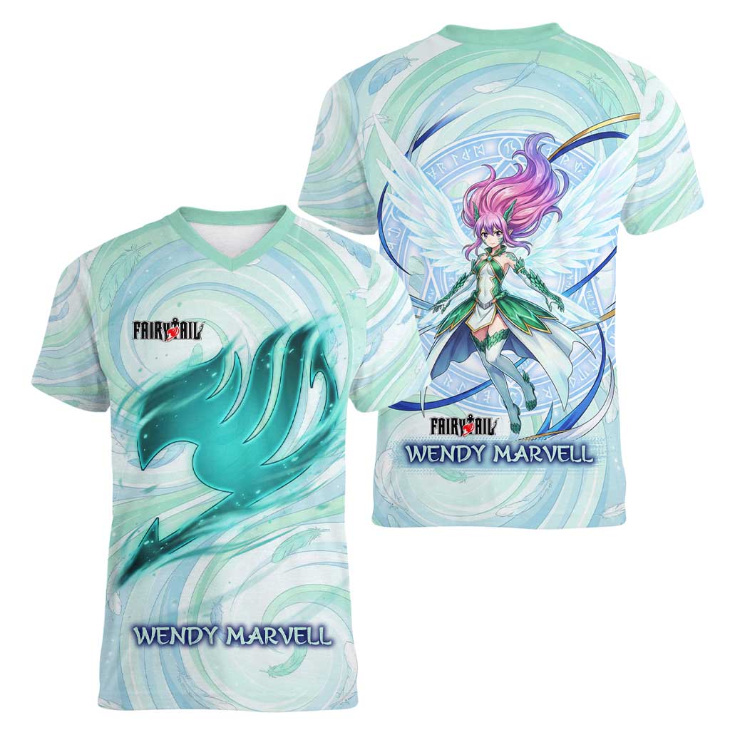 Wendy Marvell Fairy Tail Women V-Neck T-Shirt Sky Dragon Anime Style with Pastel Wind and Wing Motif