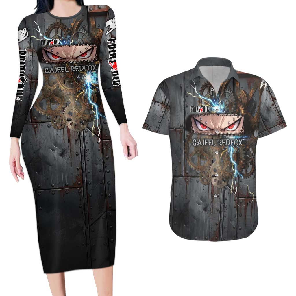 Gajeel Redfox Fairy Tail Couples Matching Long Sleeve Bodycon Dress and Hawaiian Shirt Industrial Steampunk Anime Style with Iron Dragon Elements