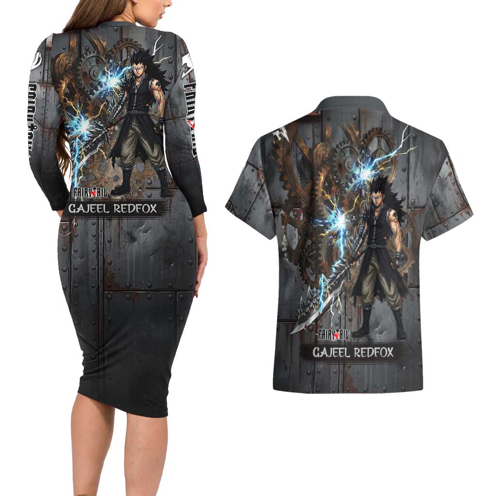 Gajeel Redfox Fairy Tail Couples Matching Long Sleeve Bodycon Dress and Hawaiian Shirt Industrial Steampunk Anime Style with Iron Dragon Elements