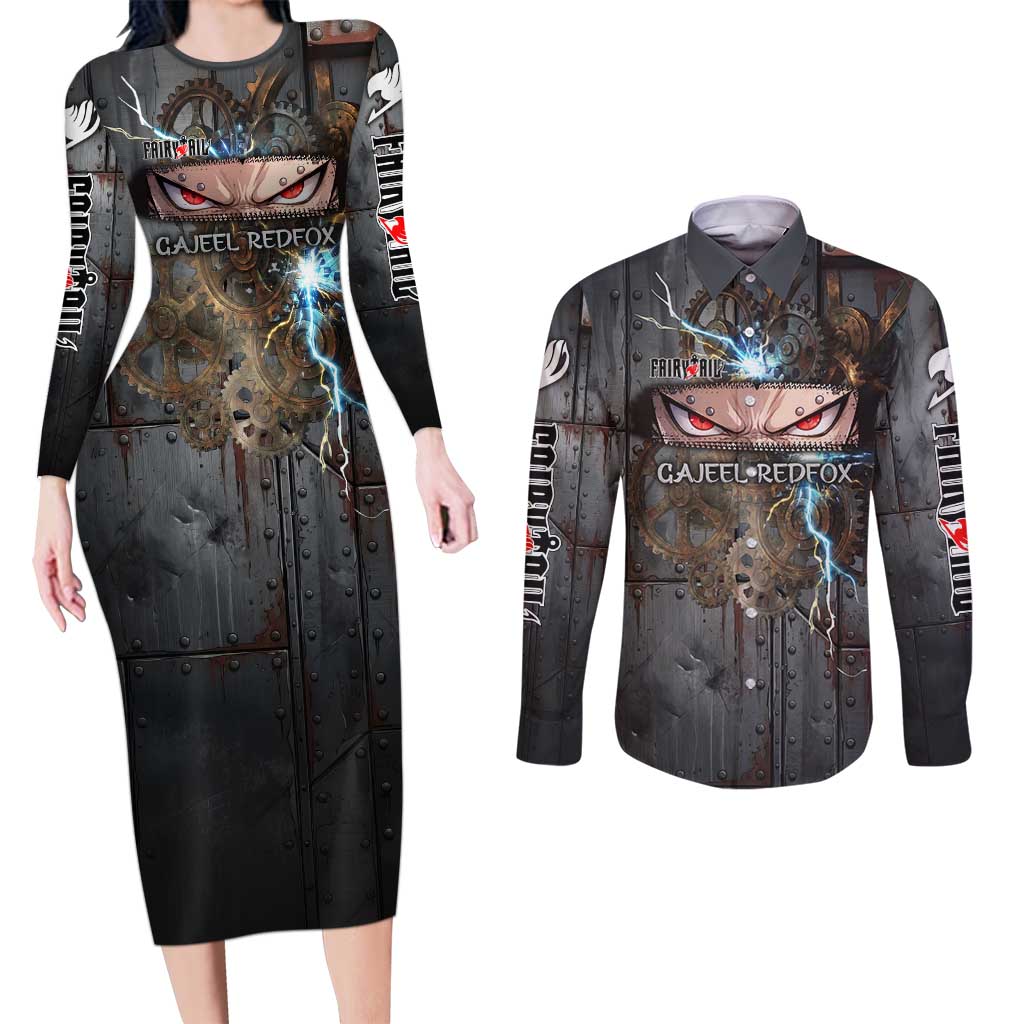 Gajeel Redfox Fairy Tail Couples Matching Long Sleeve Bodycon Dress and Long Sleeve Button Shirt Industrial Steampunk Anime Style with Iron Dragon Elements