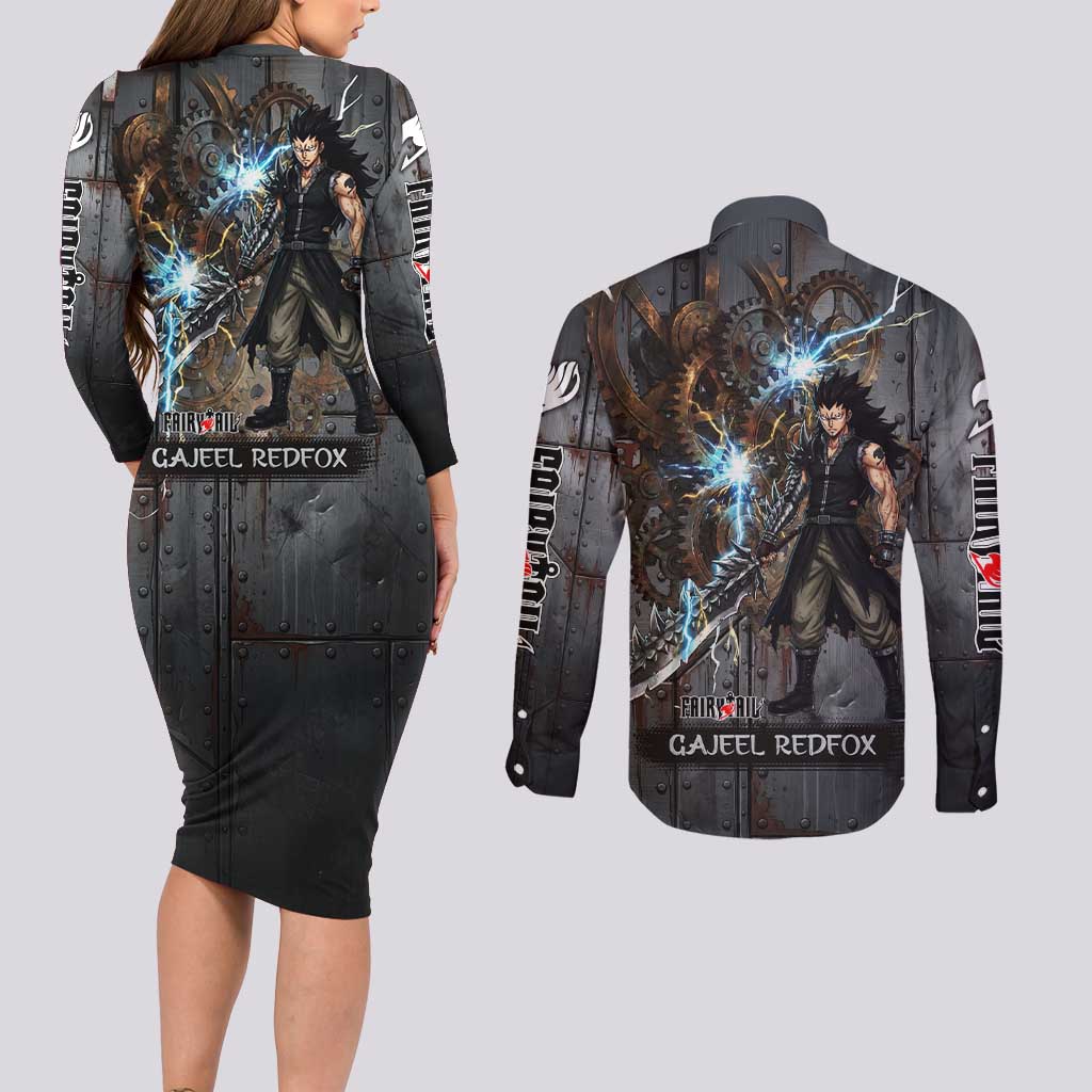 Gajeel Redfox Fairy Tail Couples Matching Long Sleeve Bodycon Dress and Long Sleeve Button Shirt Industrial Steampunk Anime Style with Iron Dragon Elements