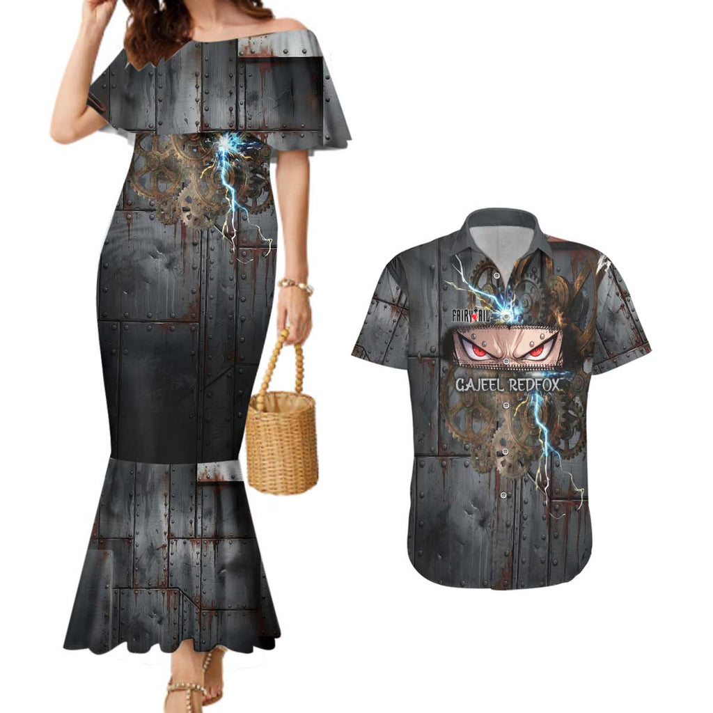 Gajeel Redfox Fairy Tail Couples Matching Mermaid Dress and Hawaiian Shirt Industrial Steampunk Anime Style with Iron Dragon Elements