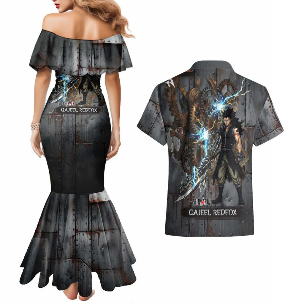 Gajeel Redfox Fairy Tail Couples Matching Mermaid Dress and Hawaiian Shirt Industrial Steampunk Anime Style with Iron Dragon Elements