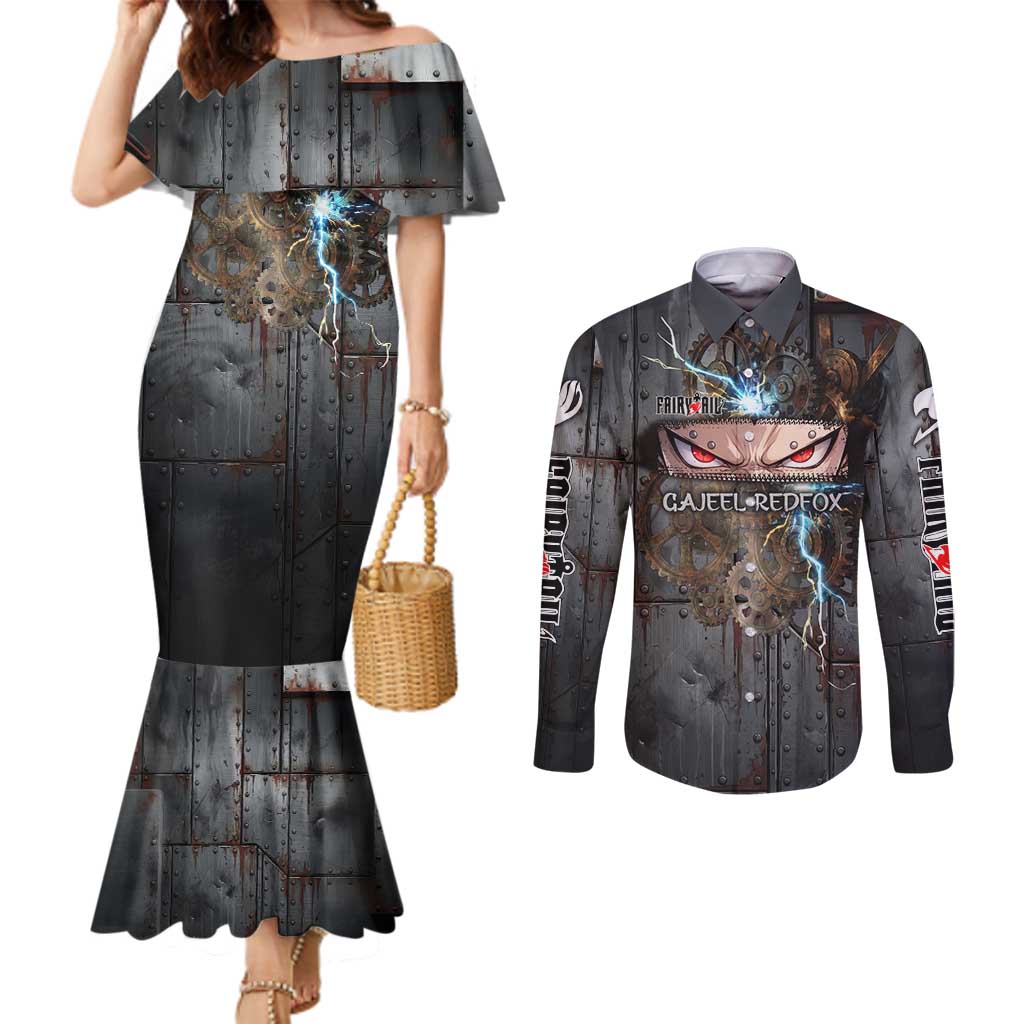 Gajeel Redfox Fairy Tail Couples Matching Mermaid Dress and Long Sleeve Button Shirt Industrial Steampunk Anime Style with Iron Dragon Elements