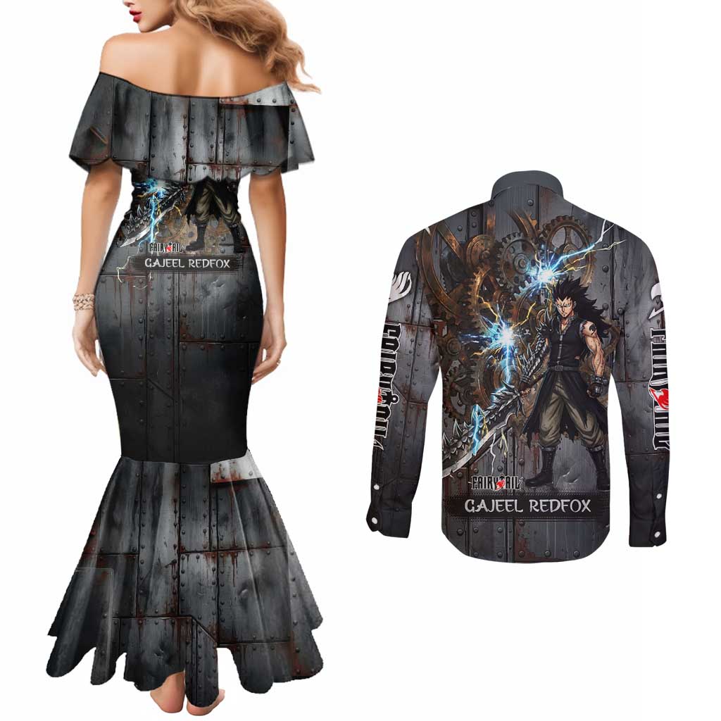 Gajeel Redfox Fairy Tail Couples Matching Mermaid Dress and Long Sleeve Button Shirt Industrial Steampunk Anime Style with Iron Dragon Elements