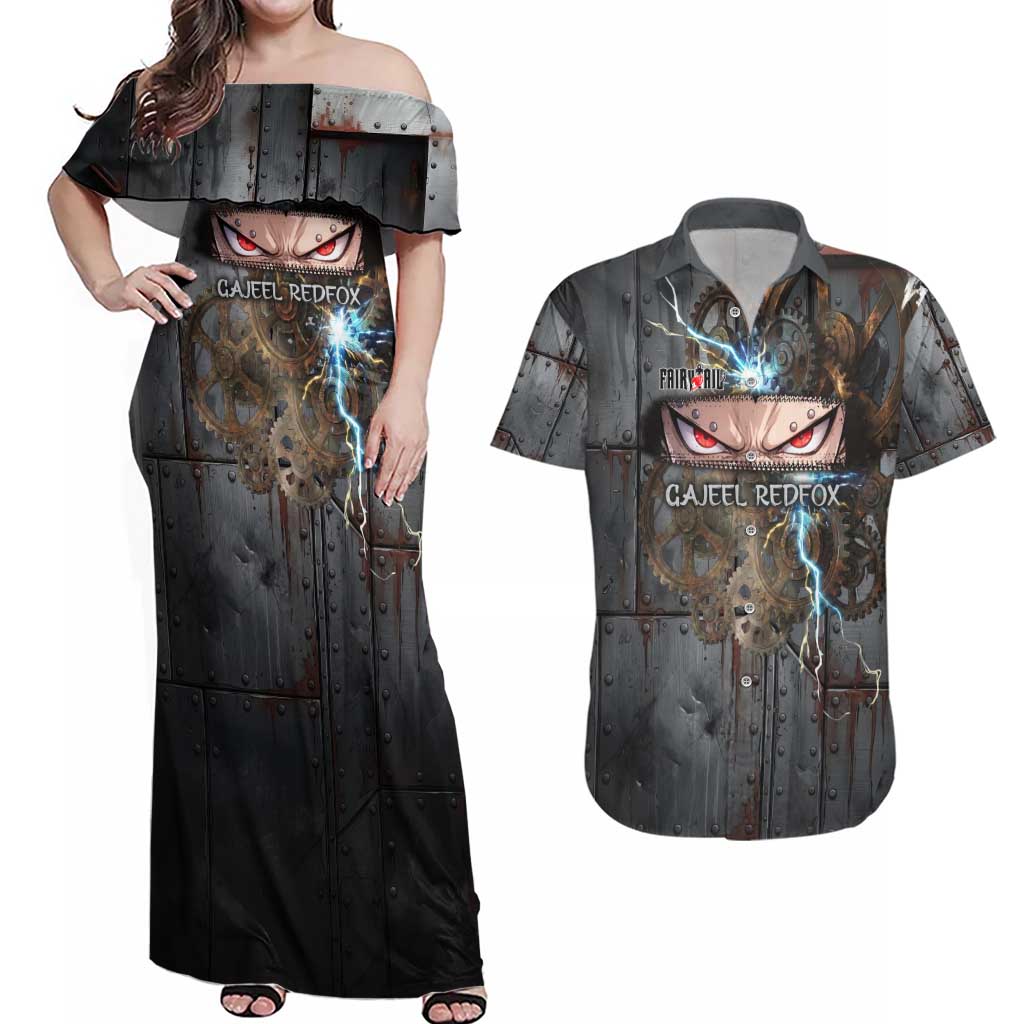Gajeel Redfox Fairy Tail Couples Matching Off Shoulder Maxi Dress and Hawaiian Shirt Industrial Steampunk Anime Style with Iron Dragon Elements