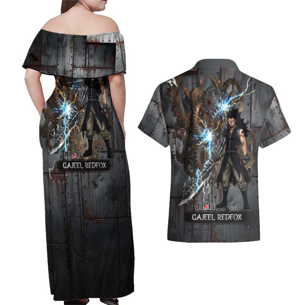 Gajeel Redfox Fairy Tail Couples Matching Off Shoulder Maxi Dress and Hawaiian Shirt Industrial Steampunk Anime Style with Iron Dragon Elements