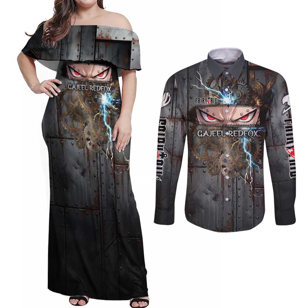 Gajeel Redfox Fairy Tail Couples Matching Off Shoulder Maxi Dress and Long Sleeve Button Shirt Industrial Steampunk Anime Style with Iron Dragon Elements