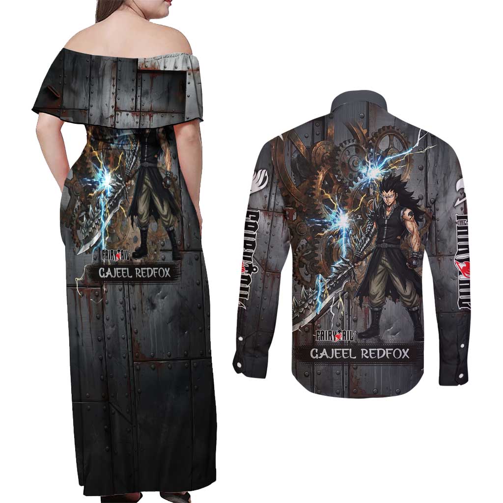 Gajeel Redfox Fairy Tail Couples Matching Off Shoulder Maxi Dress and Long Sleeve Button Shirt Industrial Steampunk Anime Style with Iron Dragon Elements