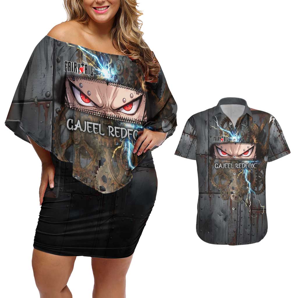Gajeel Redfox Fairy Tail Couples Matching Off Shoulder Short Dress and Hawaiian Shirt Industrial Steampunk Anime Style with Iron Dragon Elements