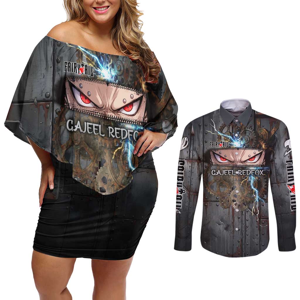 Gajeel Redfox Fairy Tail Couples Matching Off Shoulder Short Dress and Long Sleeve Button Shirt Industrial Steampunk Anime Style with Iron Dragon Elements