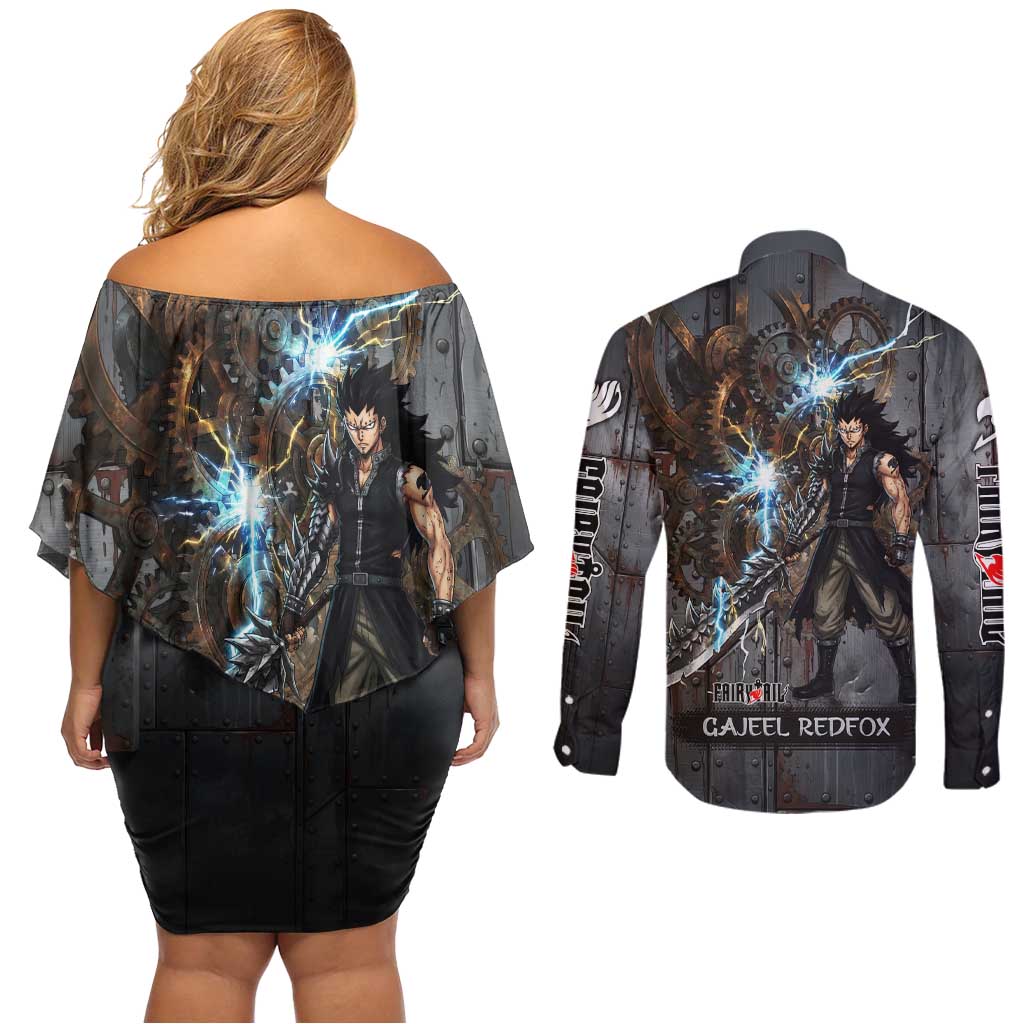 Gajeel Redfox Fairy Tail Couples Matching Off Shoulder Short Dress and Long Sleeve Button Shirt Industrial Steampunk Anime Style with Iron Dragon Elements