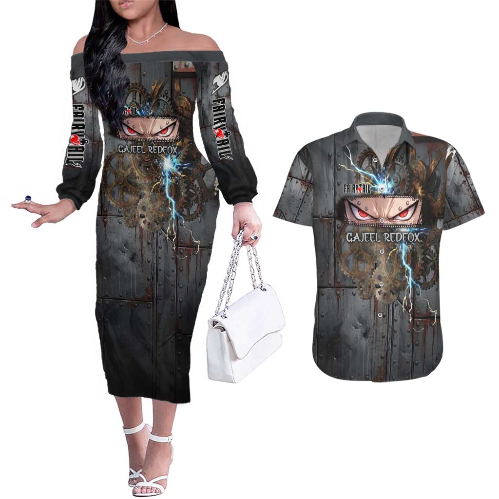 Gajeel Redfox Fairy Tail Couples Matching Off The Shoulder Long Sleeve Dress and Hawaiian Shirt Industrial Steampunk Anime Style with Iron Dragon Elements
