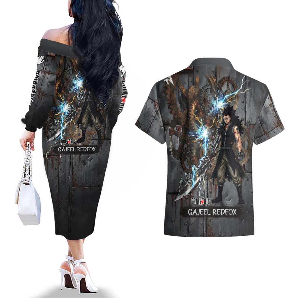 Gajeel Redfox Fairy Tail Couples Matching Off The Shoulder Long Sleeve Dress and Hawaiian Shirt Industrial Steampunk Anime Style with Iron Dragon Elements