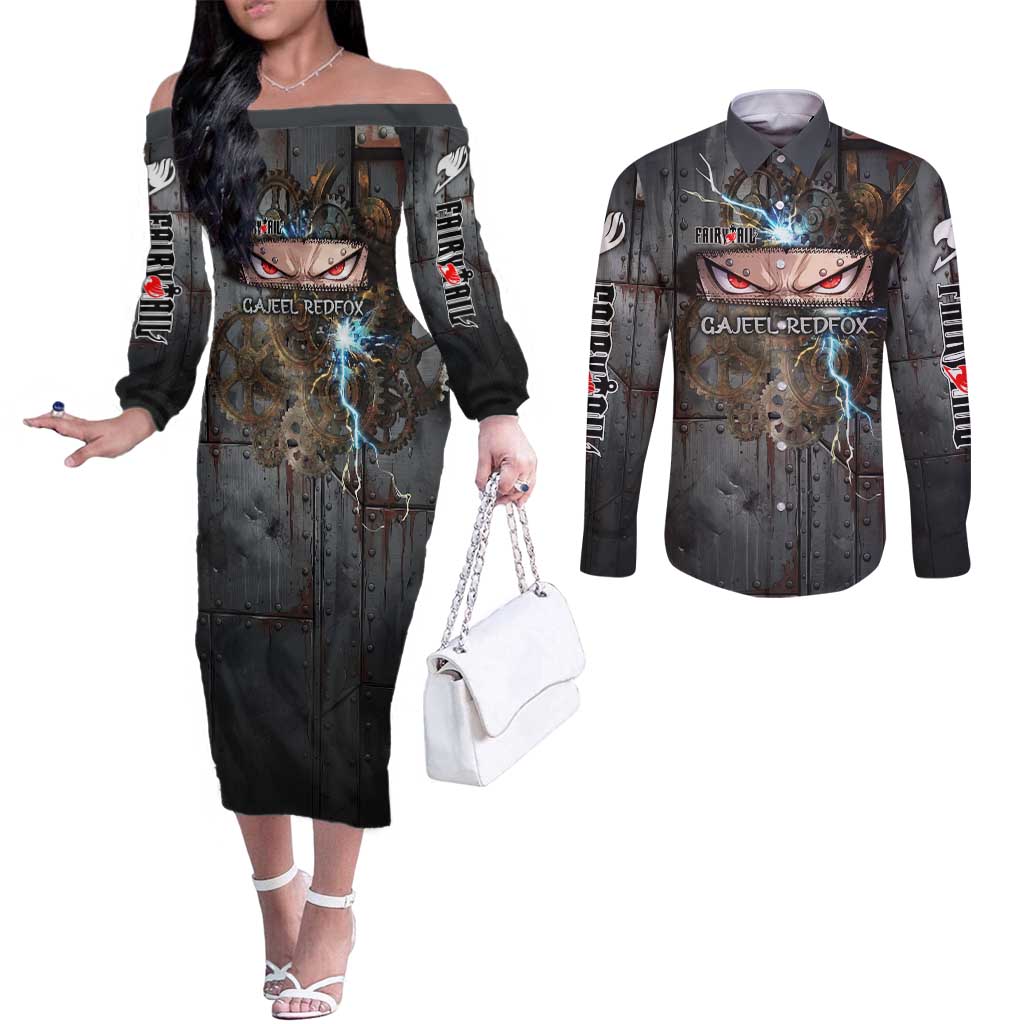 Gajeel Redfox Fairy Tail Couples Matching Off The Shoulder Long Sleeve Dress and Long Sleeve Button Shirt Industrial Steampunk Anime Style with Iron Dragon Elements