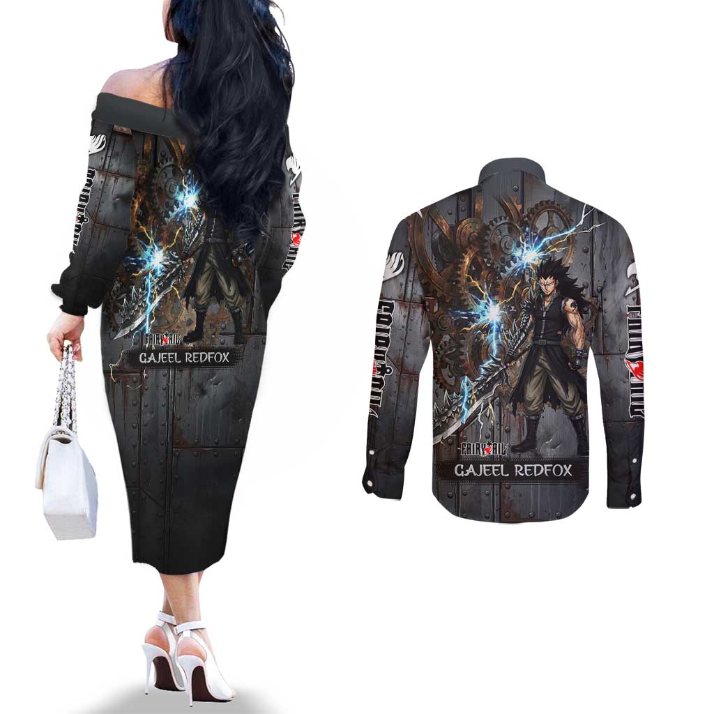 Gajeel Redfox Fairy Tail Couples Matching Off The Shoulder Long Sleeve Dress and Long Sleeve Button Shirt Industrial Steampunk Anime Style with Iron Dragon Elements