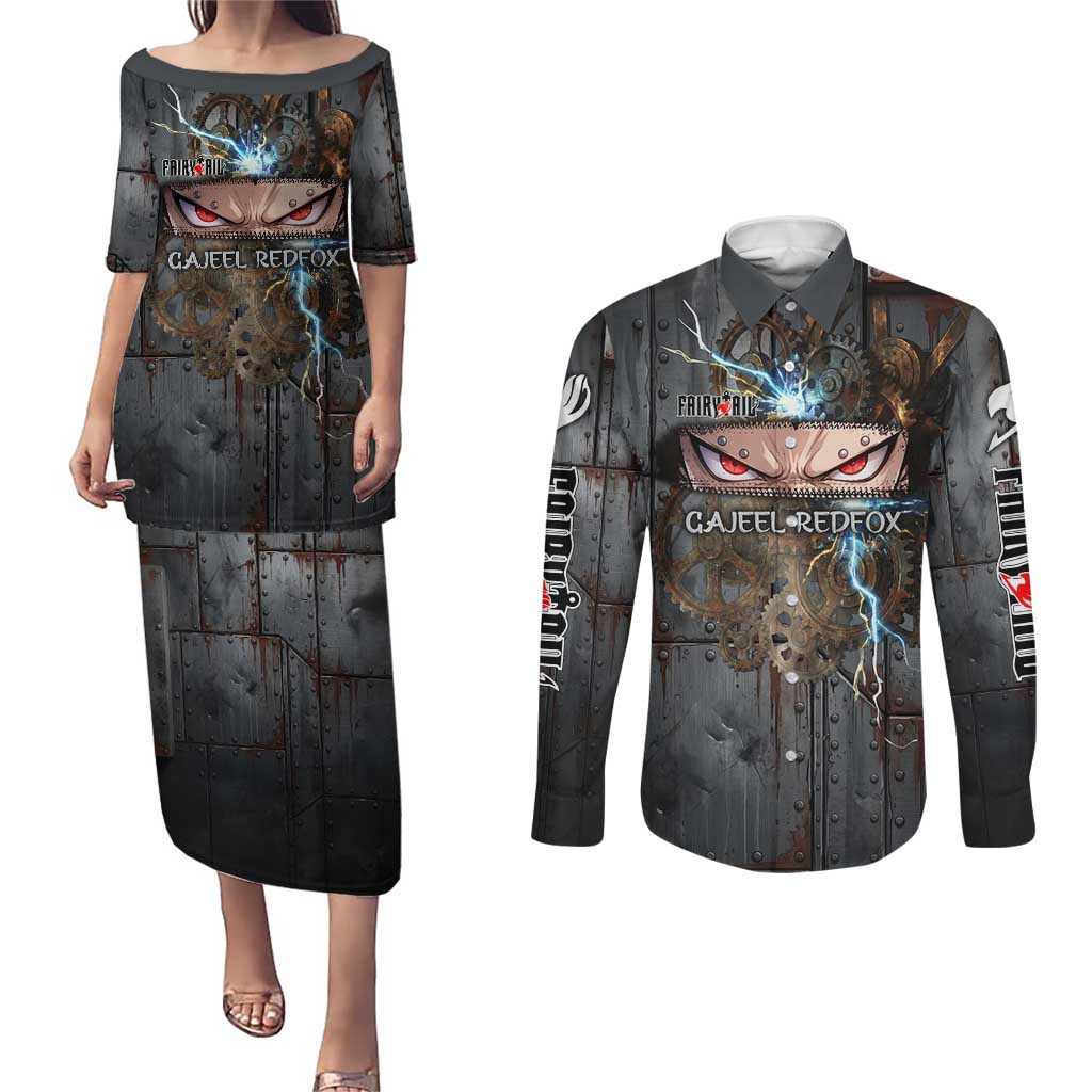 Gajeel Redfox Fairy Tail Couples Matching Puletasi and Long Sleeve Button Shirt Industrial Steampunk Anime Style with Iron Dragon Elements