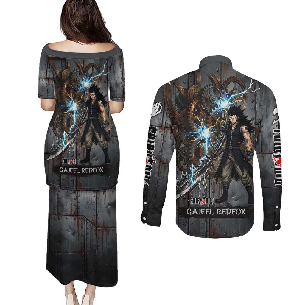 Gajeel Redfox Fairy Tail Couples Matching Puletasi and Long Sleeve Button Shirt Industrial Steampunk Anime Style with Iron Dragon Elements