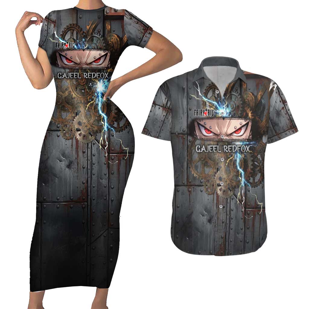 Gajeel Redfox Fairy Tail Couples Matching Short Sleeve Bodycon Dress and Hawaiian Shirt Industrial Steampunk Anime Style with Iron Dragon Elements