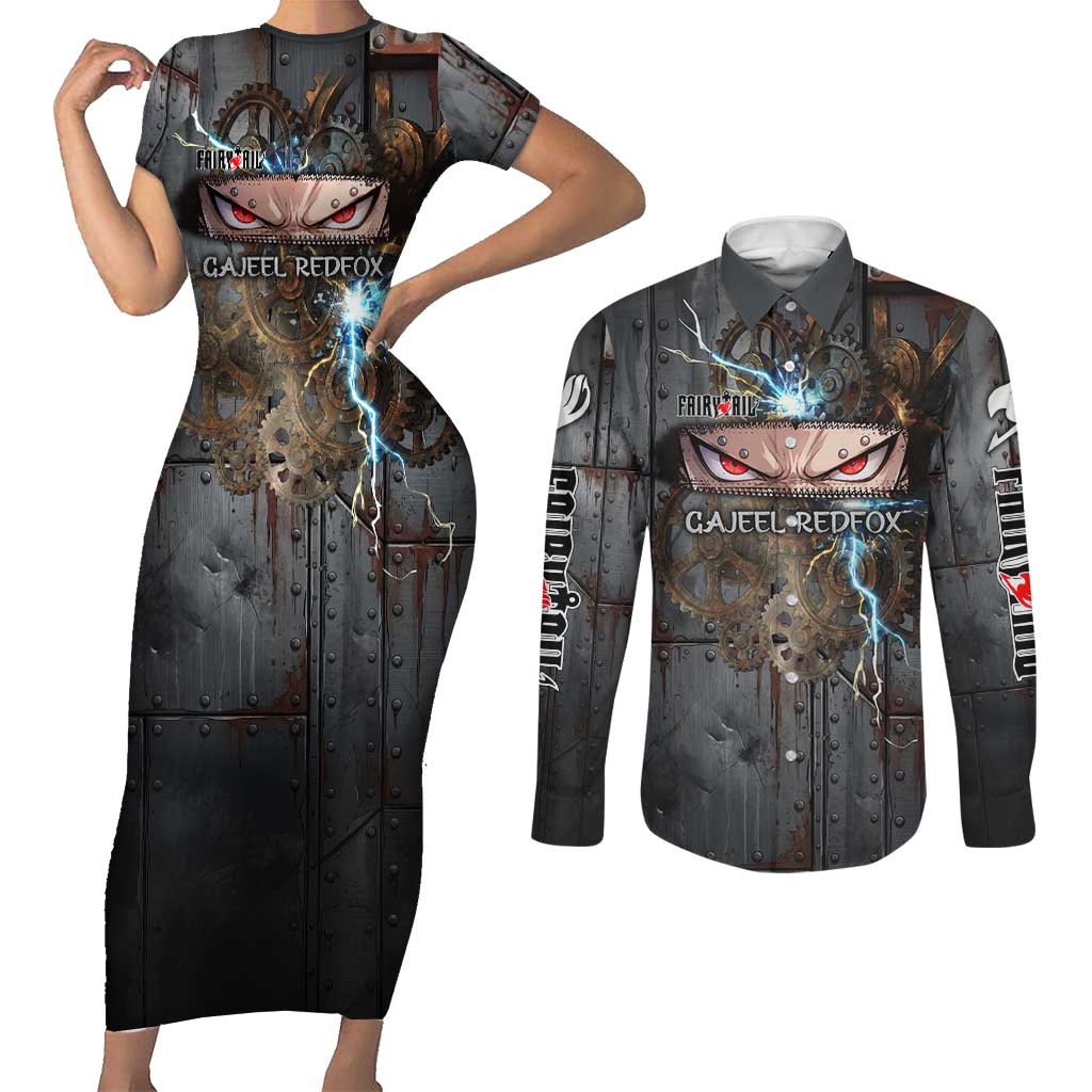 Gajeel Redfox Fairy Tail Couples Matching Short Sleeve Bodycon Dress and Long Sleeve Button Shirt Industrial Steampunk Anime Style with Iron Dragon Elements