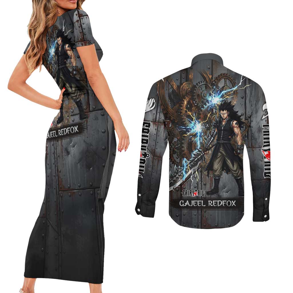 Gajeel Redfox Fairy Tail Couples Matching Short Sleeve Bodycon Dress and Long Sleeve Button Shirt Industrial Steampunk Anime Style with Iron Dragon Elements