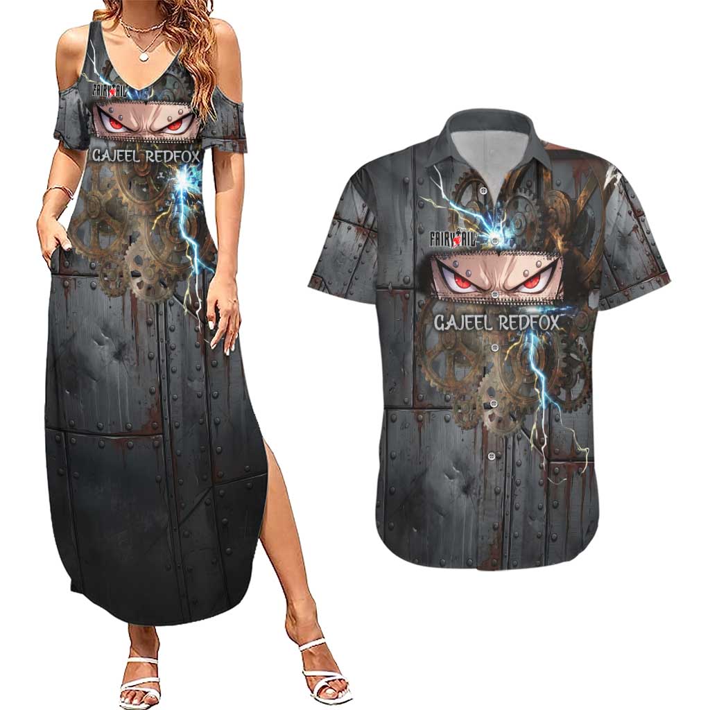 Gajeel Redfox Fairy Tail Couples Matching Summer Maxi Dress and Hawaiian Shirt Industrial Steampunk Anime Style with Iron Dragon Elements