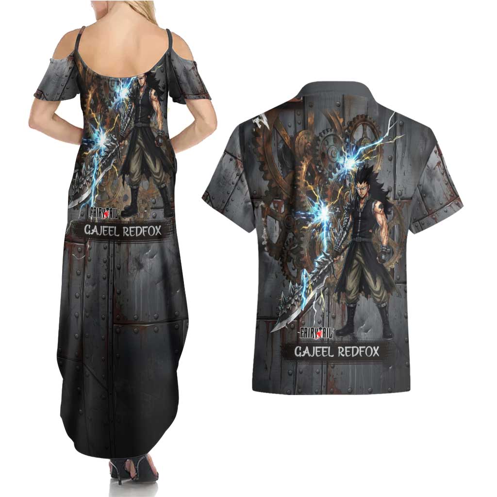 Gajeel Redfox Fairy Tail Couples Matching Summer Maxi Dress and Hawaiian Shirt Industrial Steampunk Anime Style with Iron Dragon Elements