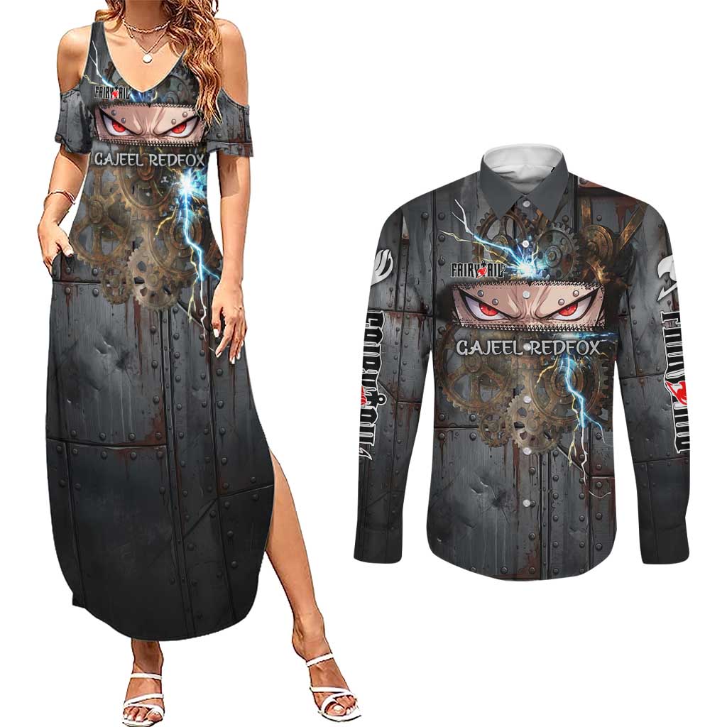 Gajeel Redfox Fairy Tail Couples Matching Summer Maxi Dress and Long Sleeve Button Shirt Industrial Steampunk Anime Style with Iron Dragon Elements