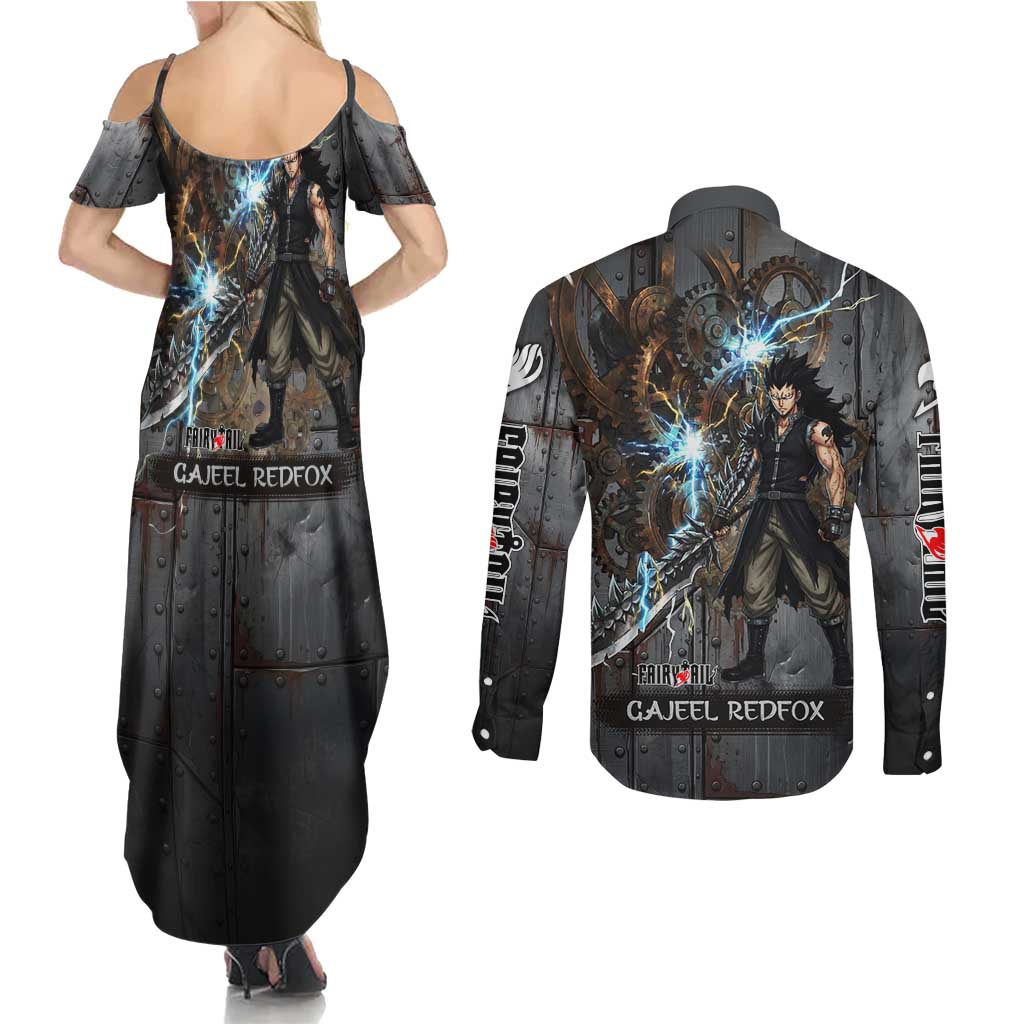 Gajeel Redfox Fairy Tail Couples Matching Summer Maxi Dress and Long Sleeve Button Shirt Industrial Steampunk Anime Style with Iron Dragon Elements