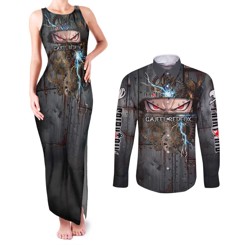 Gajeel Redfox Fairy Tail Couples Matching Tank Maxi Dress and Long Sleeve Button Shirt Industrial Steampunk Anime Style with Iron Dragon Elements
