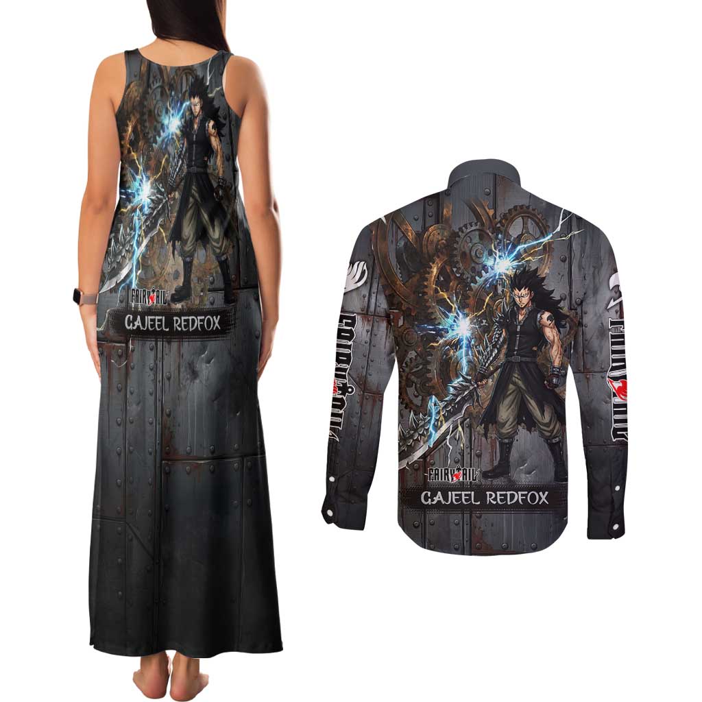 Gajeel Redfox Fairy Tail Couples Matching Tank Maxi Dress and Long Sleeve Button Shirt Industrial Steampunk Anime Style with Iron Dragon Elements
