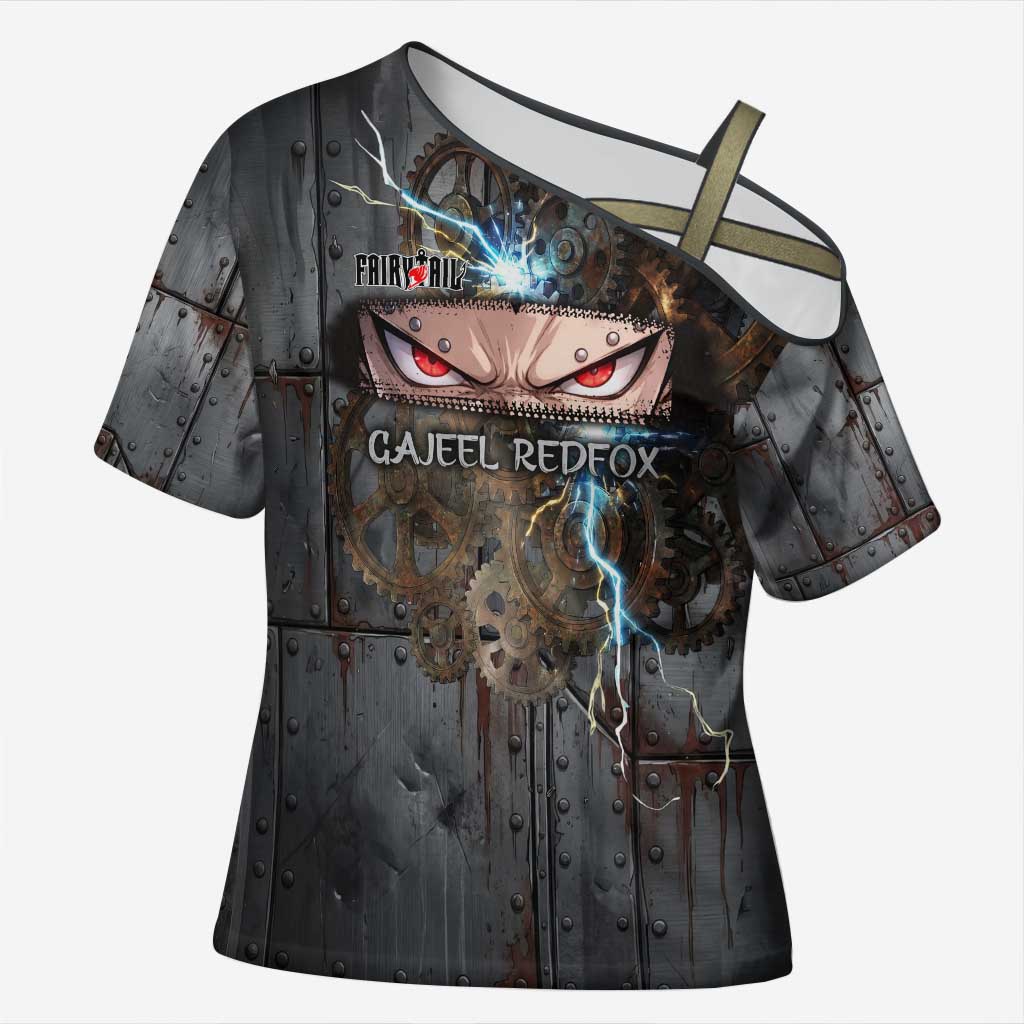 Gajeel Redfox Fairy Tail Cross Shoulder Shirt Industrial Steampunk Anime Style with Iron Dragon Elements