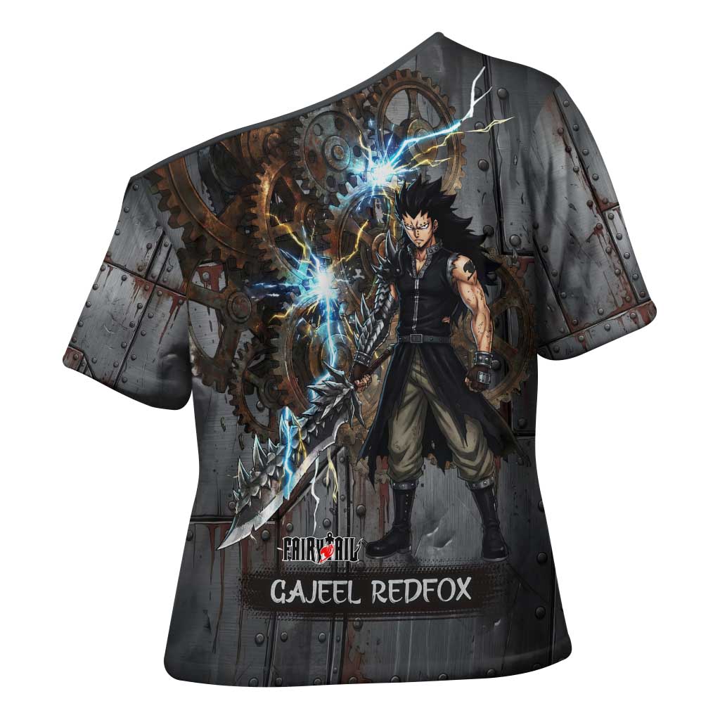 Gajeel Redfox Fairy Tail Cross Shoulder Shirt Industrial Steampunk Anime Style with Iron Dragon Elements