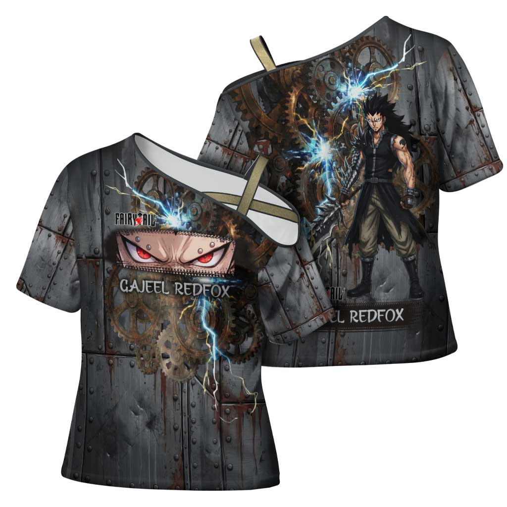 Gajeel Redfox Fairy Tail Cross Shoulder Shirt Industrial Steampunk Anime Style with Iron Dragon Elements
