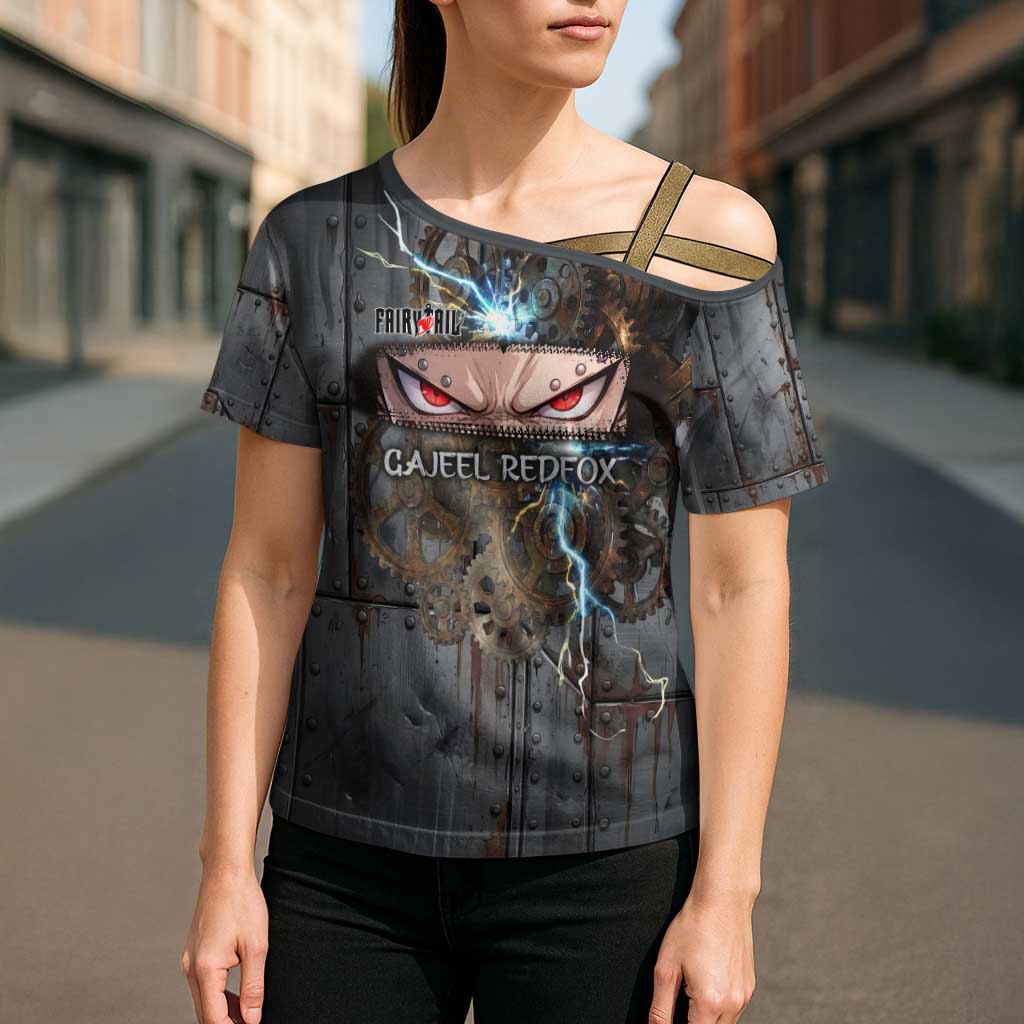 Gajeel Redfox Fairy Tail Cross Shoulder Shirt Industrial Steampunk Anime Style with Iron Dragon Elements