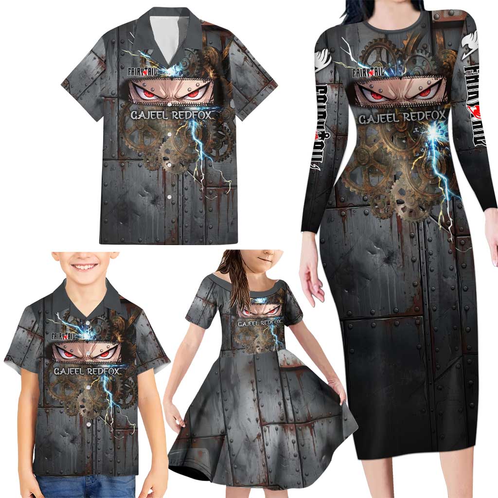 Gajeel Redfox Fairy Tail Family Matching Long Sleeve Bodycon Dress and Hawaiian Shirt Industrial Steampunk Anime Style with Iron Dragon Elements