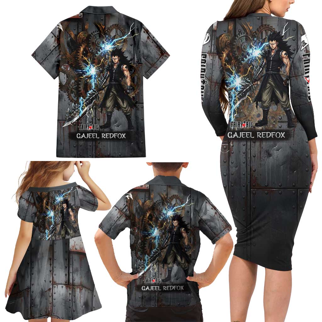 Gajeel Redfox Fairy Tail Family Matching Long Sleeve Bodycon Dress and Hawaiian Shirt Industrial Steampunk Anime Style with Iron Dragon Elements