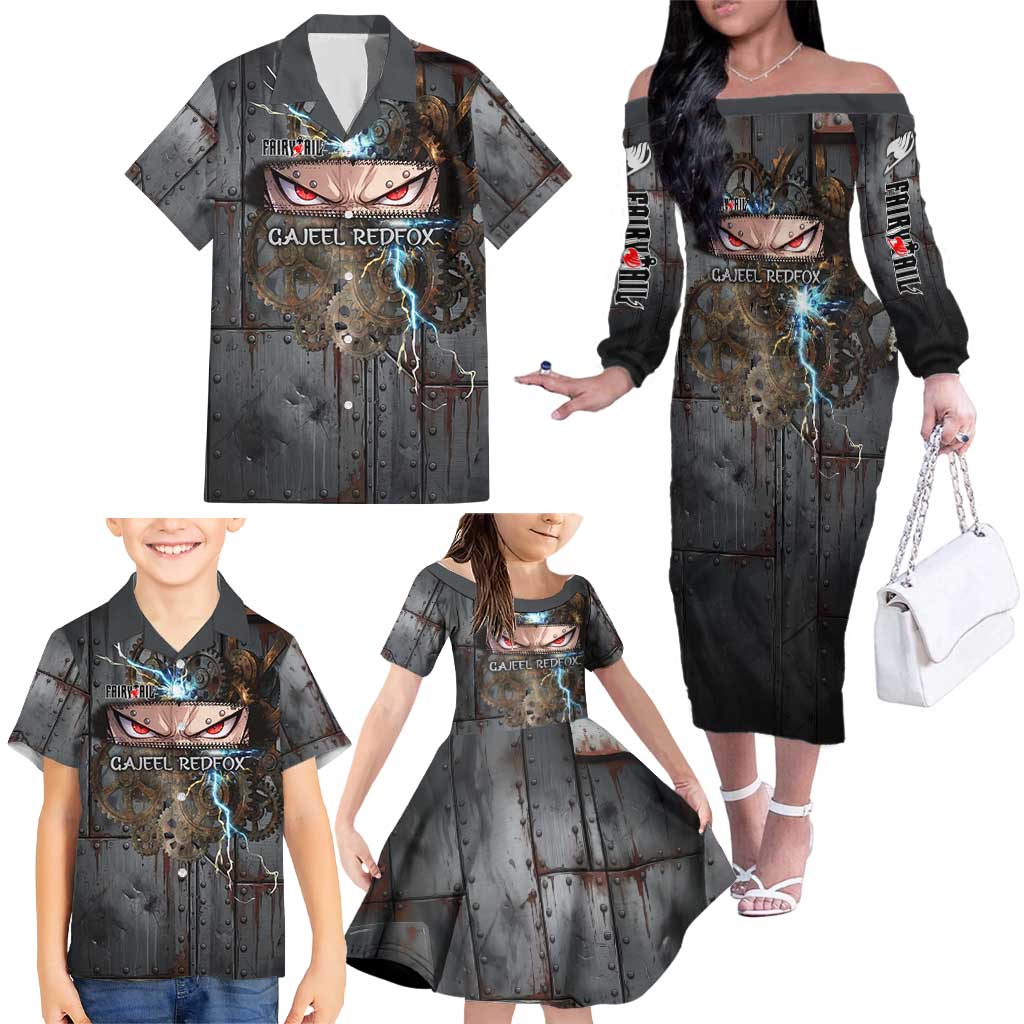 Gajeel Redfox Fairy Tail Family Matching Off The Shoulder Long Sleeve Dress and Hawaiian Shirt Industrial Steampunk Anime Style with Iron Dragon Elements
